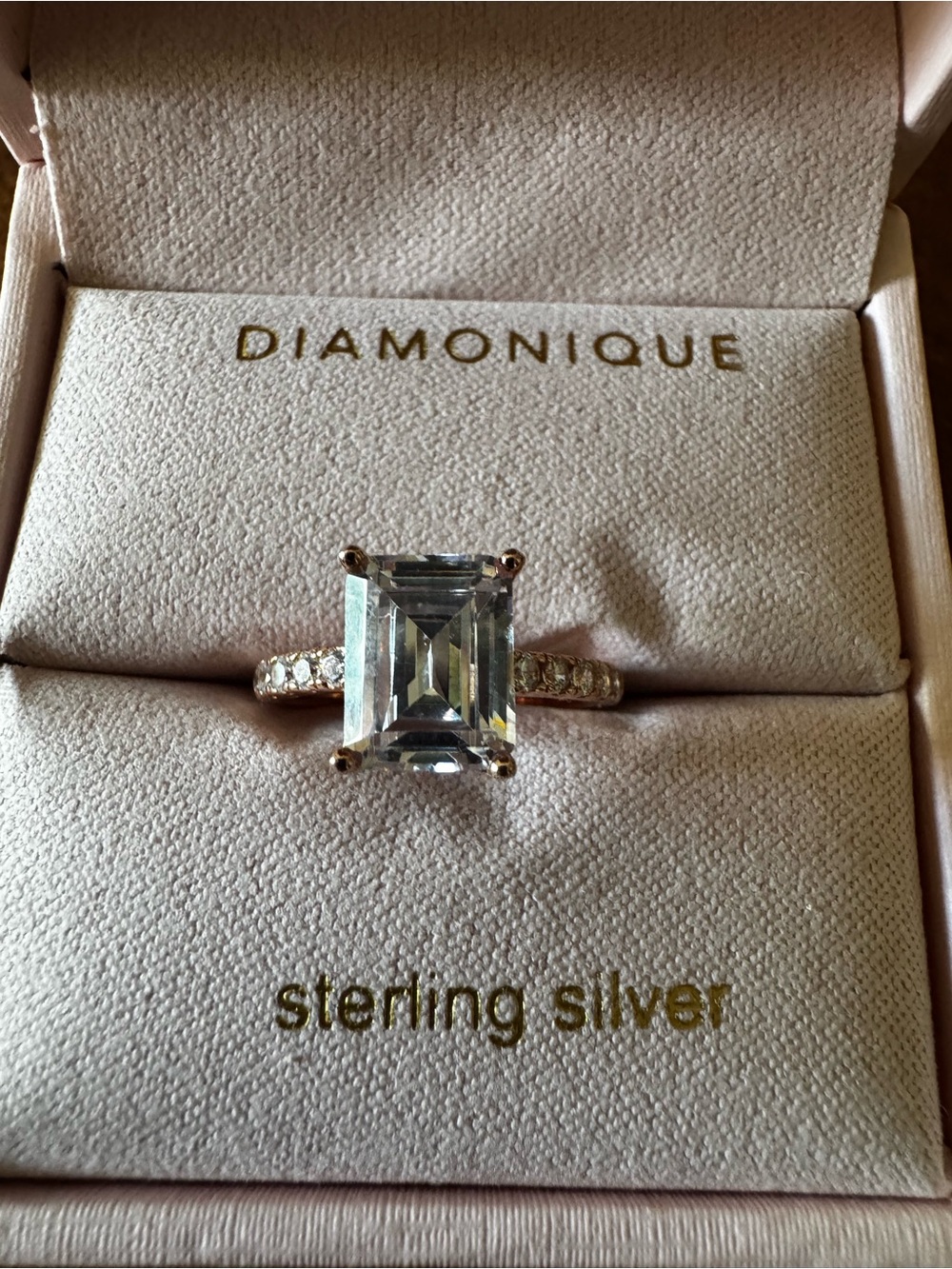 Diamonique Sterling Silver, Rose Gold Plated Emerald-Cut with Pave Shoulders